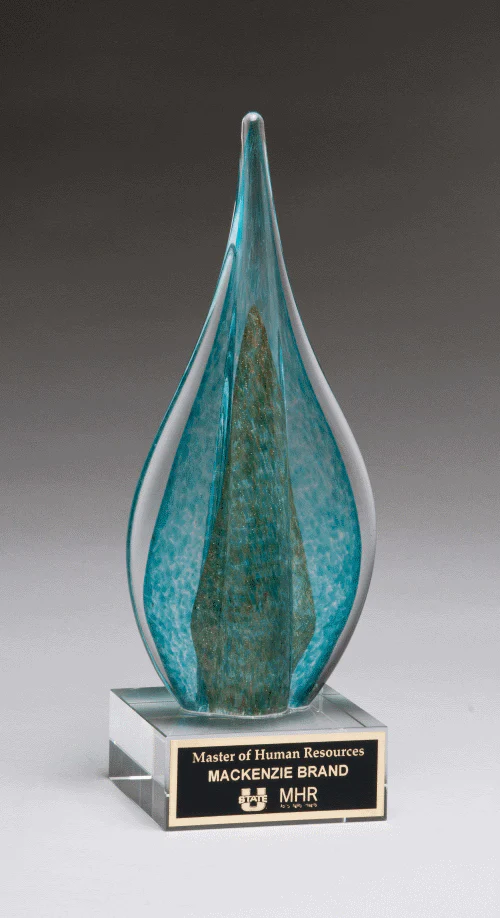 NEW Flame Shaped Art Glass Teal and Gold Crystal Base