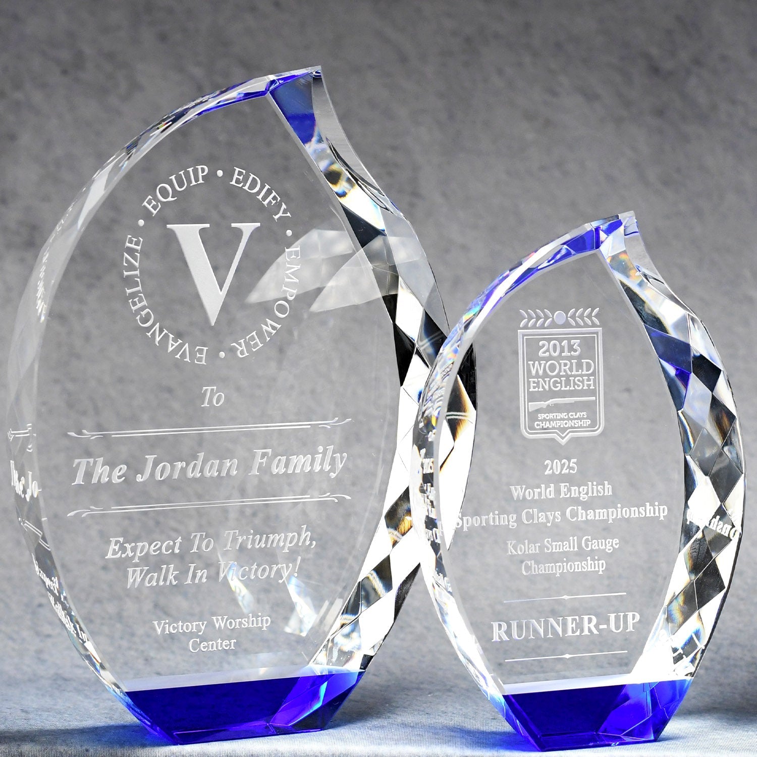 Multi-Faceted Crystal Flame with Blue Base - Etched in Central Ohio just for you