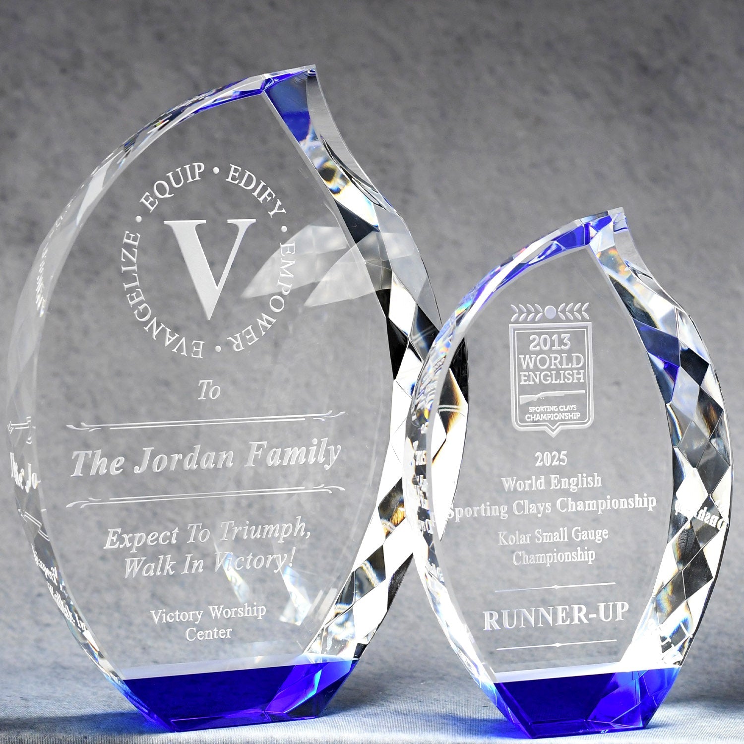 Multi-Faceted Crystal Flame with Blue Base -  Etched in Central Ohio just for you